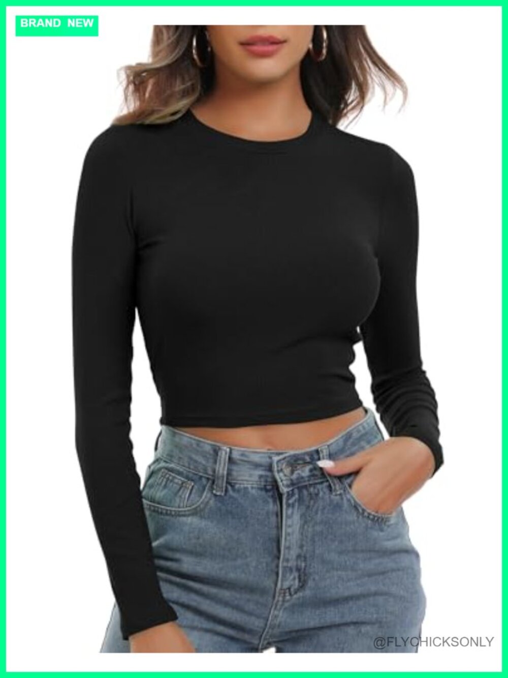 Knit Ribbed Long Sleeve Crop Top Fitted Crew Neck Basic Casual